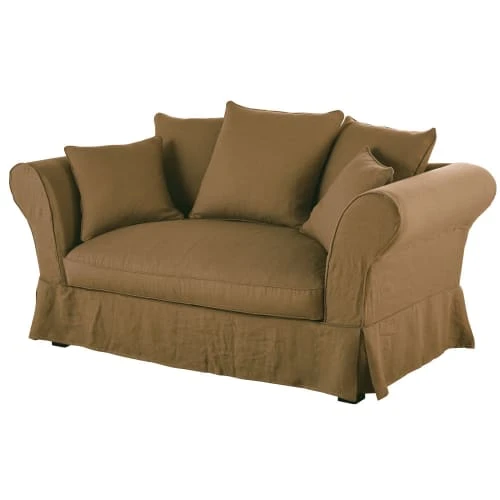 Maisons Du Monde Housses De Canapé Housse De Canapé 2 Places En Lin Froissé Marron Havane – Image 2