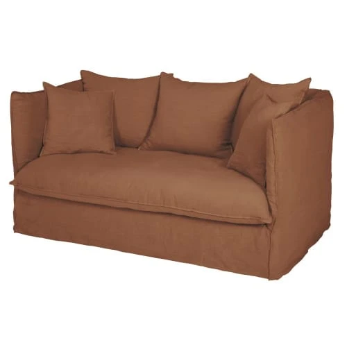 Maisons Du Monde Housses De Canapé Housse De Canapé 2 Places En Lin Froissé Orange Sienne – Image 2