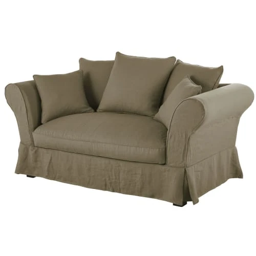 Maisons Du Monde Housses De Canapé Housse De Canapé 2 Places En Lin Froissé Vert Kaki – Image 2