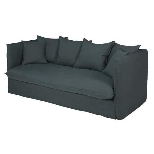 Maisons Du Monde Housses De Canapé Housse De Canapé Convertible 3/4 Places En Lin Froissé Gris Anthracite – Image 4