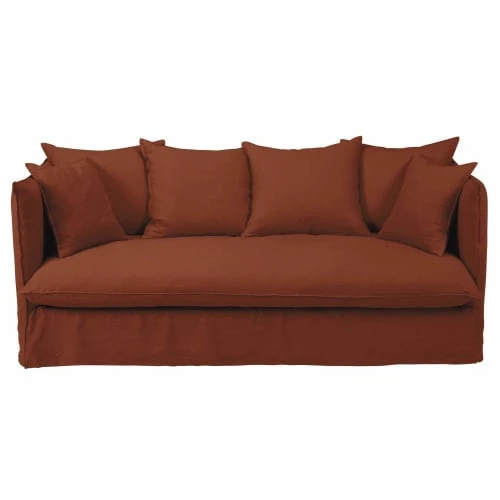 Maisons Du Monde Housses De Canapé Housse De Canapé Convertible 3/4 Places En Lin Froissé Terracotta