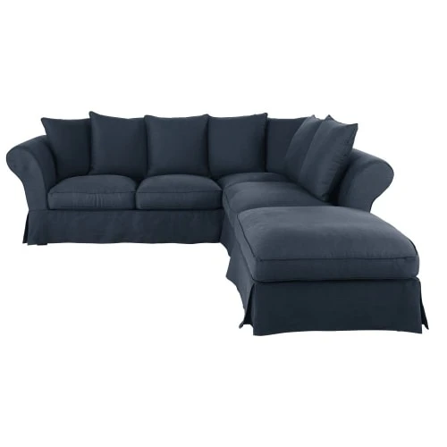 Maisons Du Monde Housses De Canapé Housse De Canapé D'angle Convertible (6 Cm) En Lin Froissé Bleu Nuit