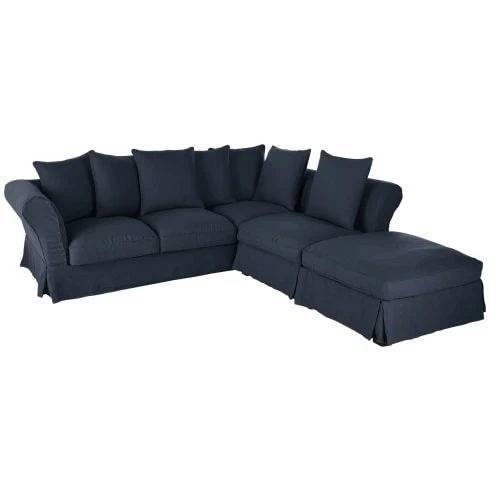 Maisons Du Monde Housses De Canapé Housse De Canapé D'angle Convertible En Lin Froissé Bleu Nuit – Image 3