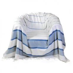 Fouta Futée Housses De Fauteuil Jeté De Fauteuil 100% Coton Blanc Rayures Bleu 200 X 200