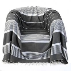 Fouta Futée Housses De Fauteuil Jeté Fauteuil Coton Anthracite Rayures Blanches 200 X 200