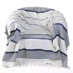 Fouta Futée Housses De Fauteuil Jeté Fauteuil Coton Fond Blanc Rayures Bleu Roi 200 X 200